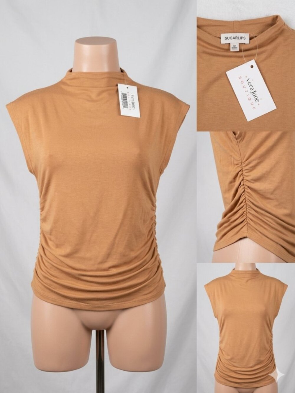 NWT Sugarlips Boutique Sleeveless Mock Neck Ruched Side Top Camel Draped Sz M